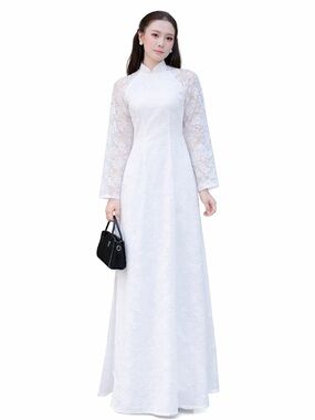 White Lace Ao Dai Set Pants Size L Wedding Ceremony Vietnamese NEW Tags